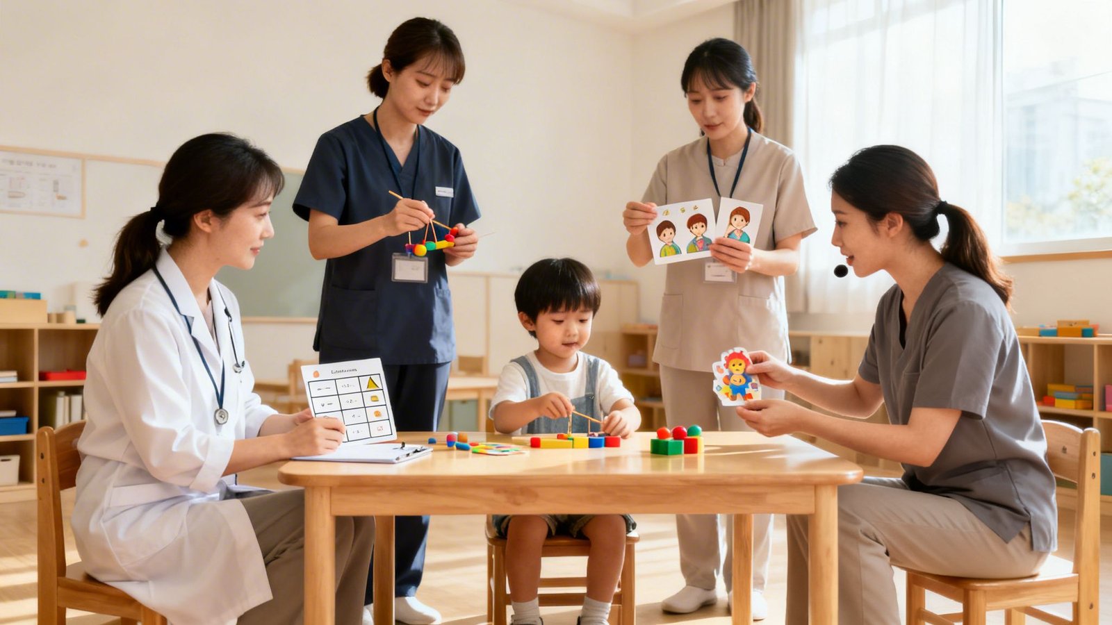 Family Support Services UAE A Complete 2026 Guide 2 Medical professionals and a child interacting with educational toys in a bright therapy room.
