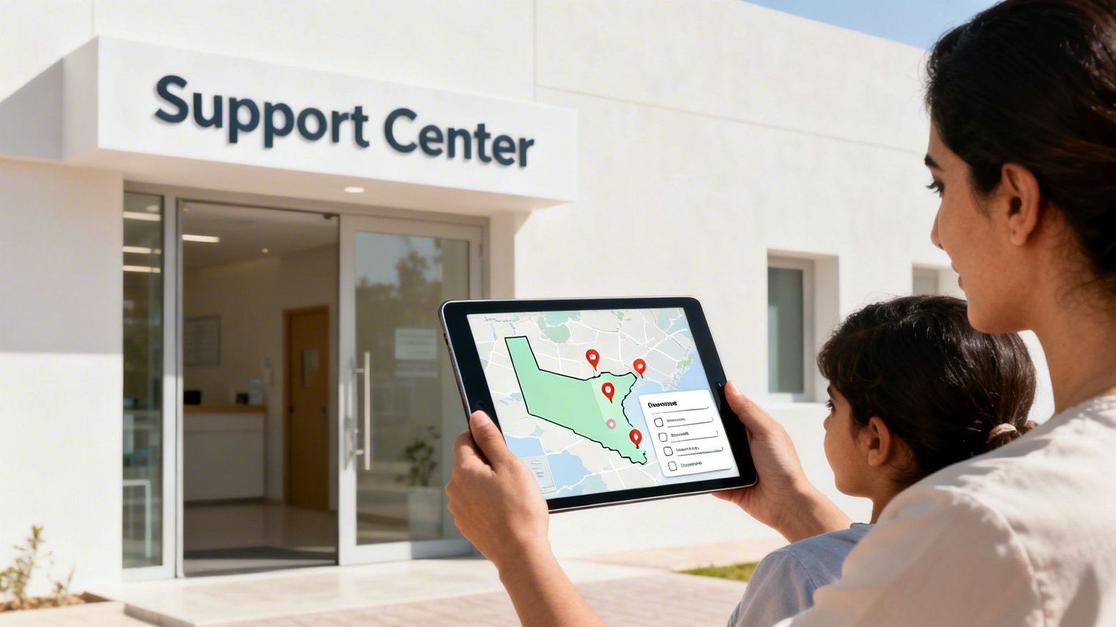 Family Support Services UAE A Complete 2026 Guide 3 Mother and child use a tablet to find support centers on a digital map outside a building.