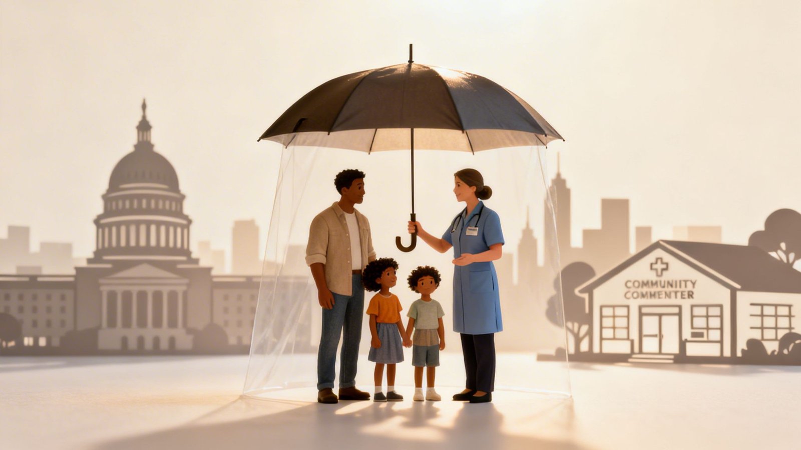 Your Guide to Family Support UAE for Developmental Needs 2 A nurse protects a diverse family under an umbrella, symbolizing community and healthcare support.