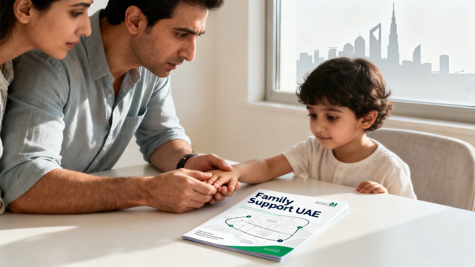 Your Guide to Family Support UAE for Developmental Needs 1 A family, including a man, woman, and young boy, looks at a 'Family Support UAE' brochure on a table.