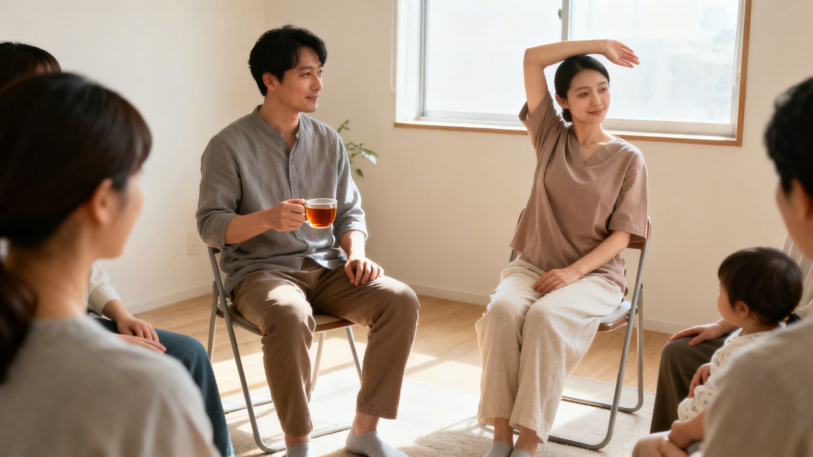Your Guide to Family Support UAE for Developmental Needs 4 A group of Asian adults and a baby sitting in a circle, engaged in a discussion.