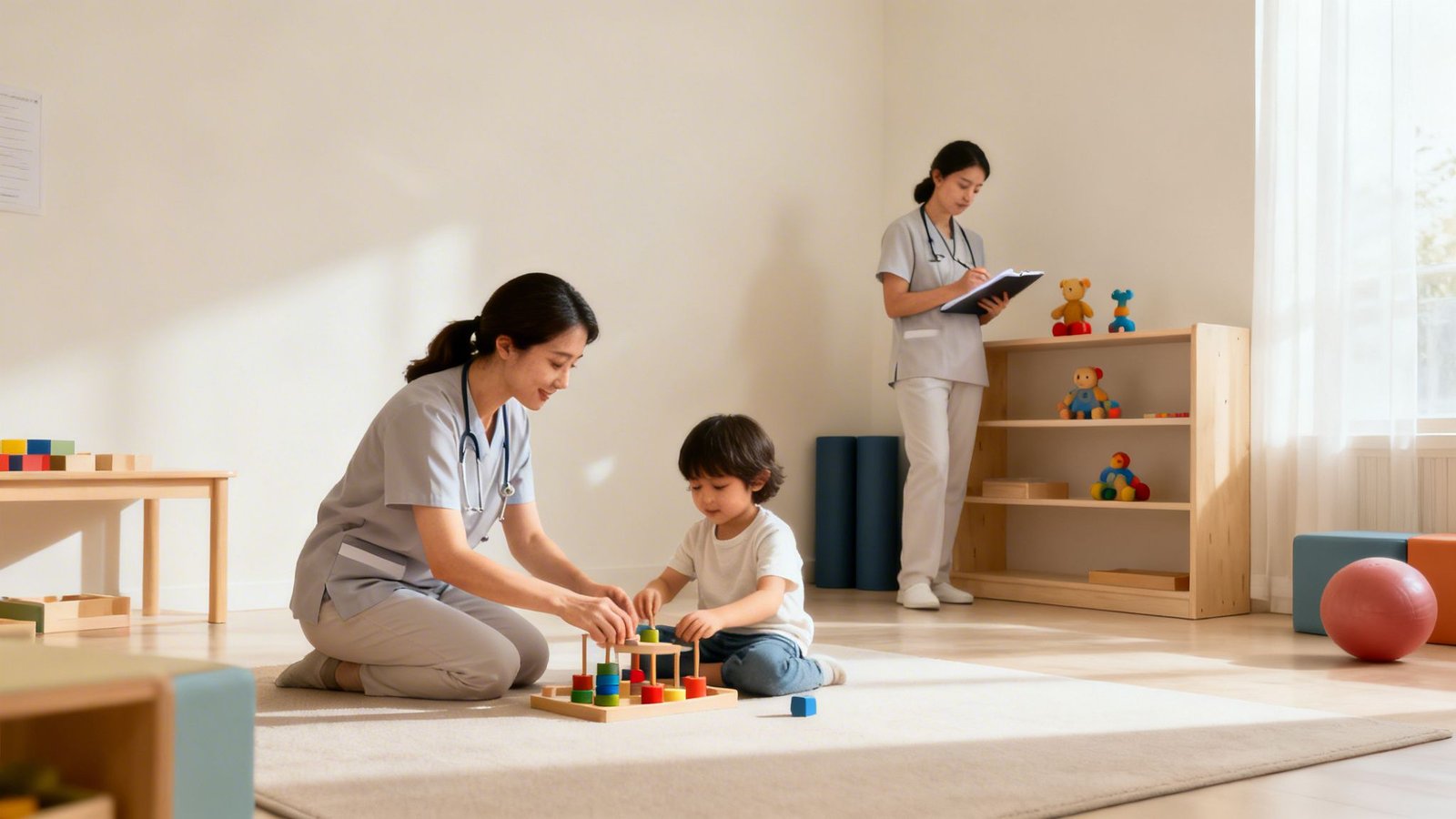 Your Guide to Family Support UAE for Developmental Needs 3 A young boy plays with a stacking toy with a therapist, while another observes and takes notes.