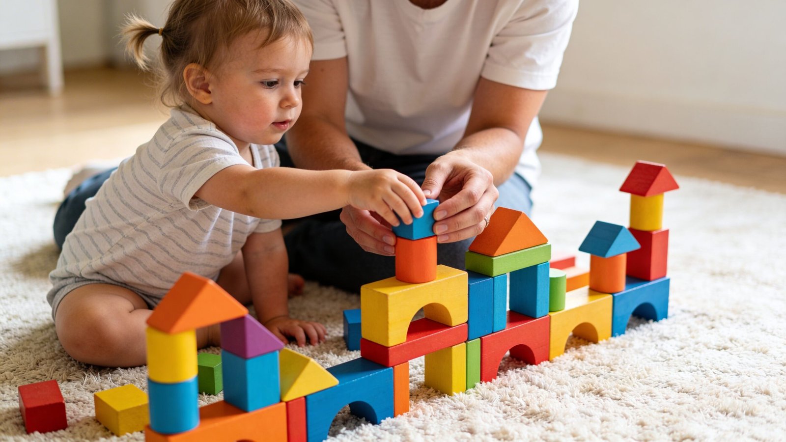 Global Developmental Delay: Understanding & Support 1 A toddler and parent building a colorful wooden block castle on a rug, focusing on developmental play.