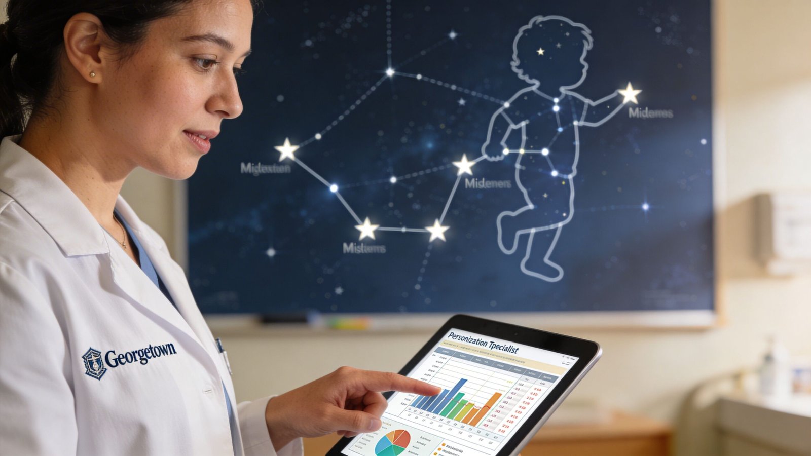 Global Developmental Delay: Understanding & Support 3 A healthcare professional analyzing developmental data on a digital tablet with a constellation chart in the background.