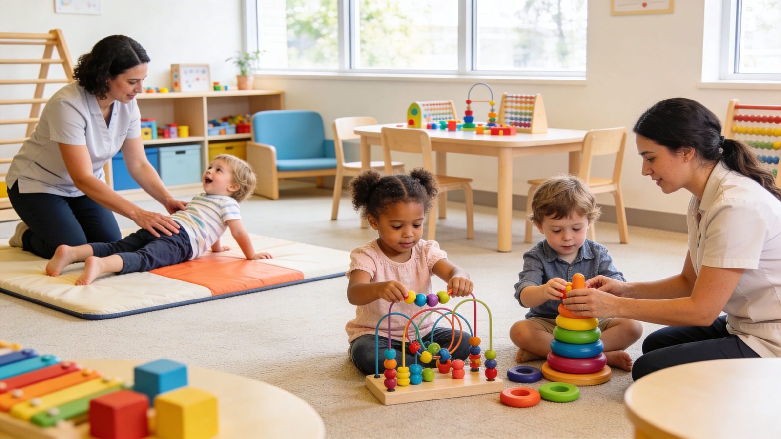 Global Developmental Delay: Understanding & Support 2 Two teachers supervise children playing with educational toys in a bright and welcoming preschool classroom setting.