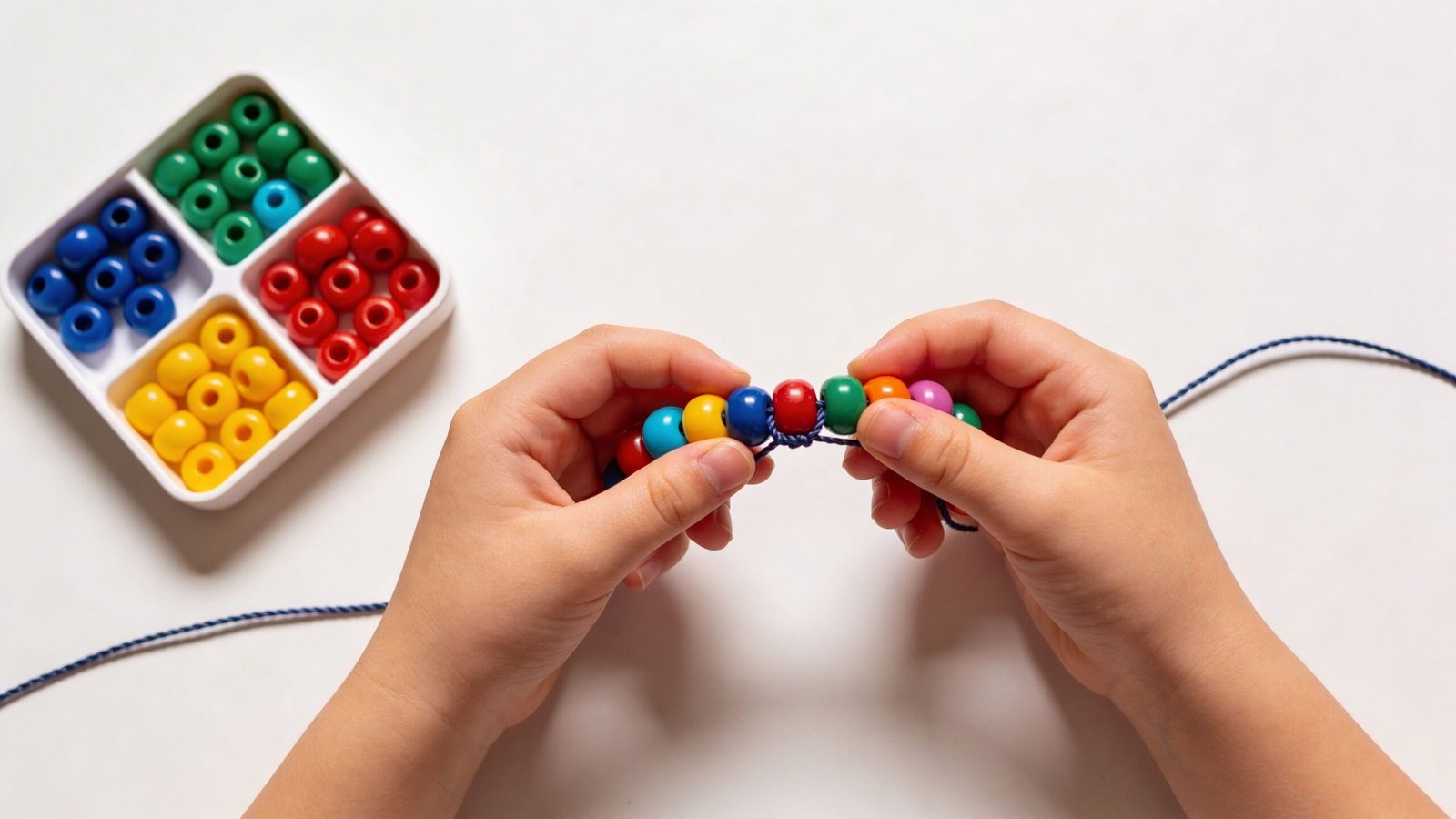 A child's hands carefully threading colorful wooden beads onto a string for a creative craft project.