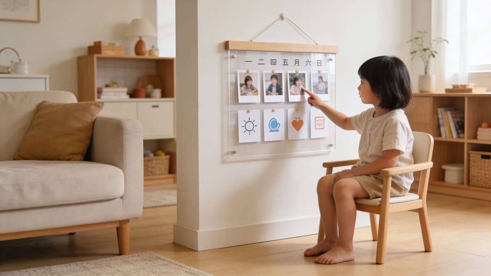 A young child sitting on a wooden chair, pointing at a wall calendar with photos and icons.