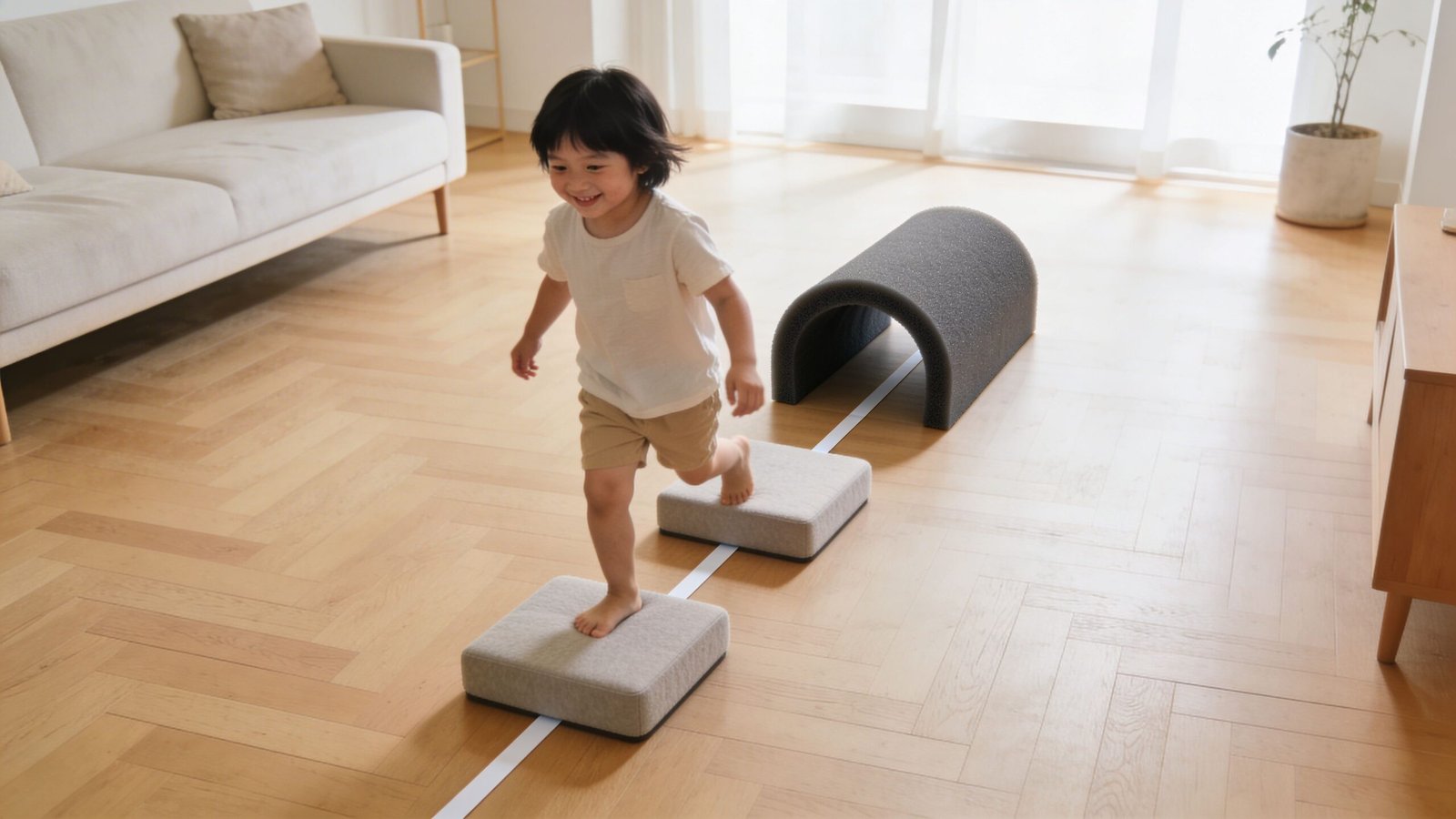 A happy young child playing on a balance obstacle course set up on the living room floor.