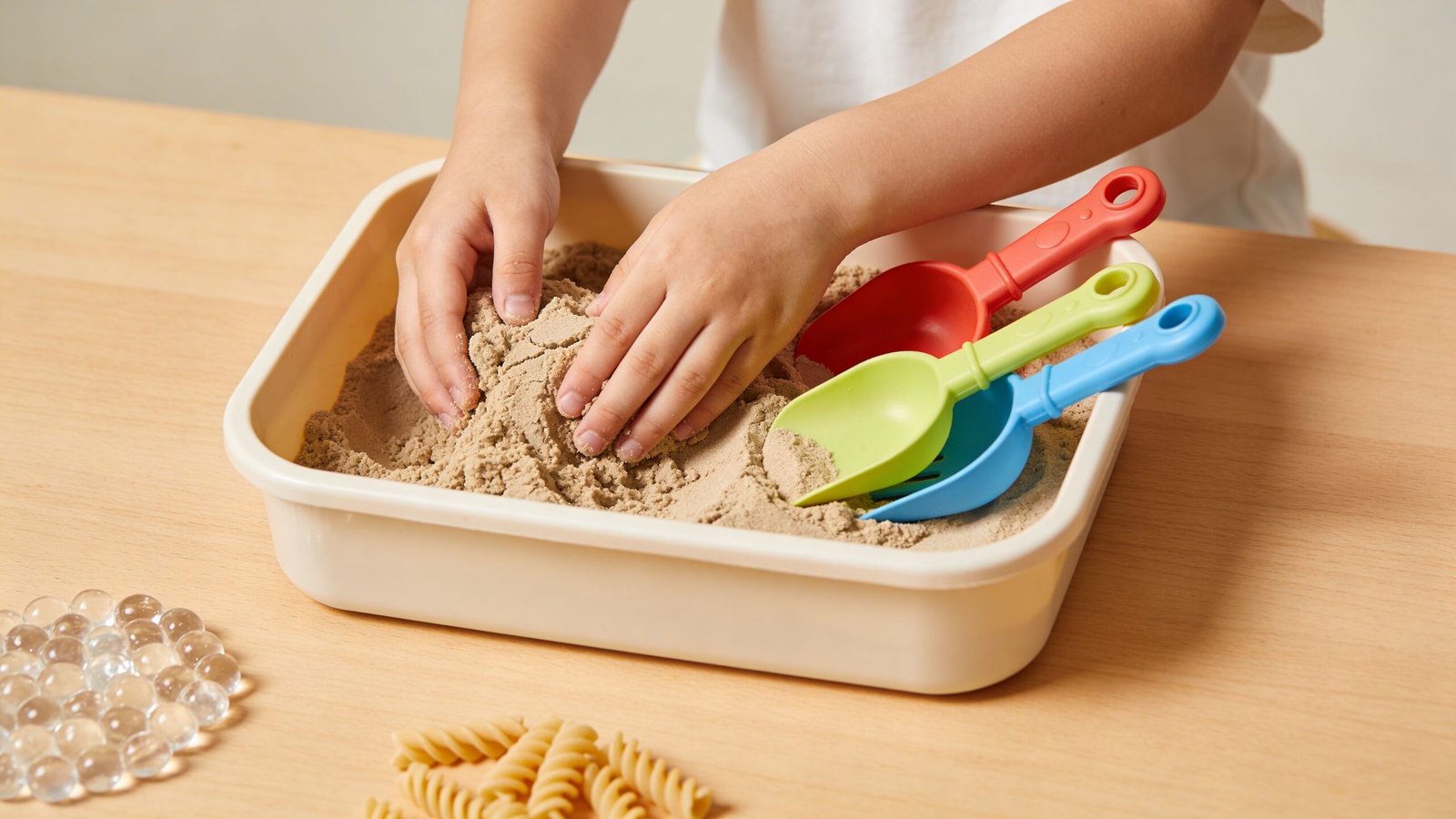 A child playing with kinetic sand in a plastic tray with colorful toy scoops on a table.