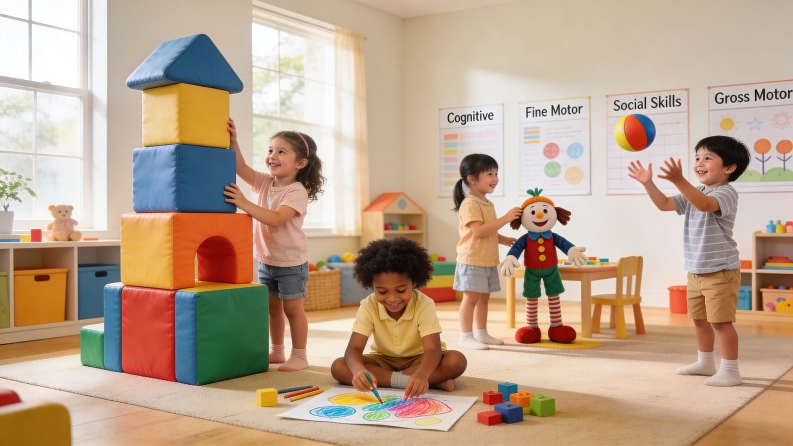 A diverse group of happy children playing with building blocks, dolls, and art supplies in a bright classroom.