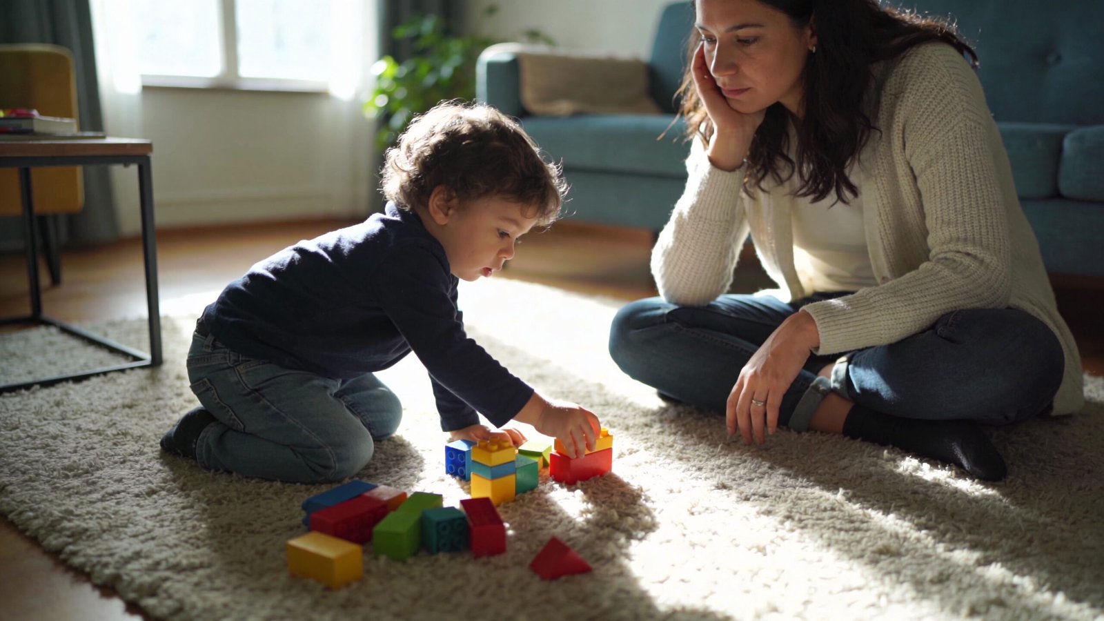A young mother watches her toddler playing with colorful plastic building blocks on a soft living room rug.