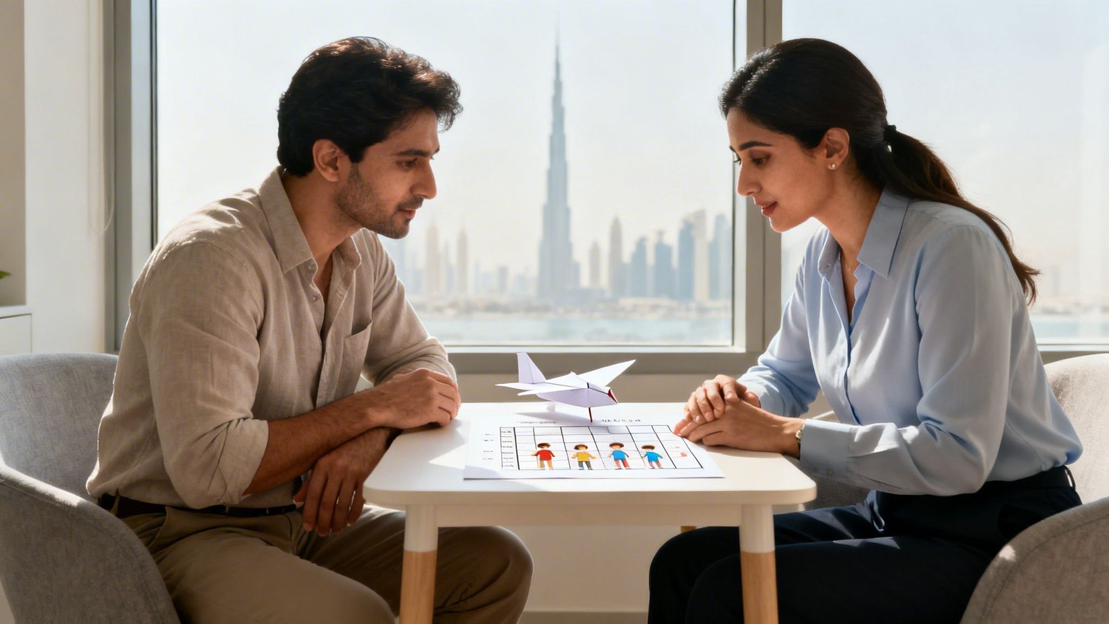 Parent Counseling Dubai for Family Success 1 Two individuals, a man and a woman, engaged in a counseling session with a city skyline backdrop, featuring a game board with figures and a paper airplane.