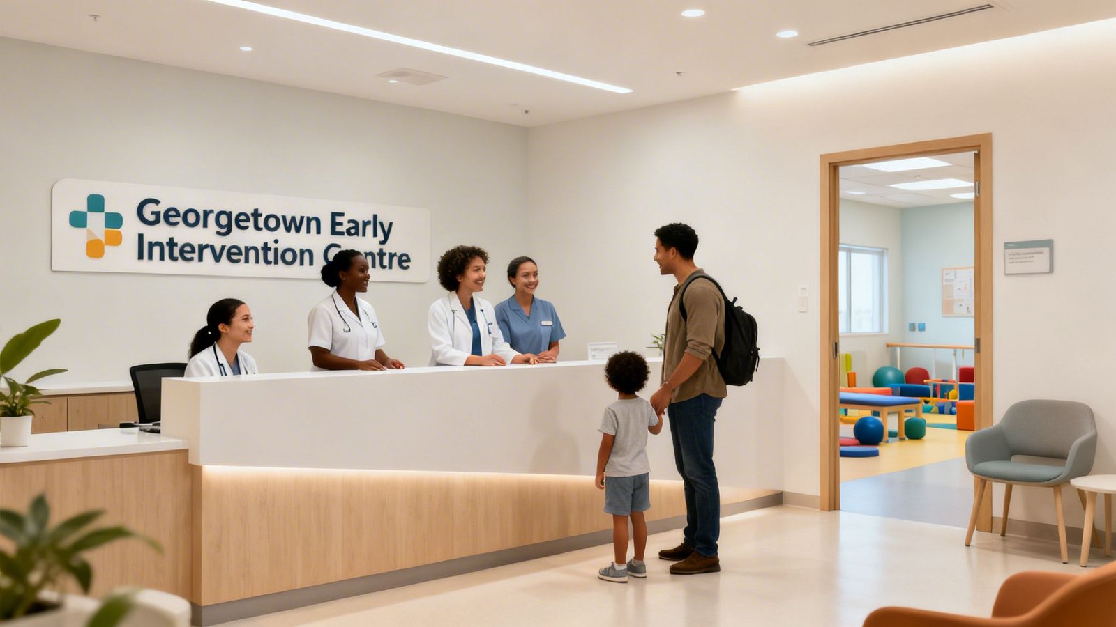 Parent Counseling Dubai for Family Success 4 Father and son at the Georgetown Early Intervention Centre reception, greeted by friendly medical staff.