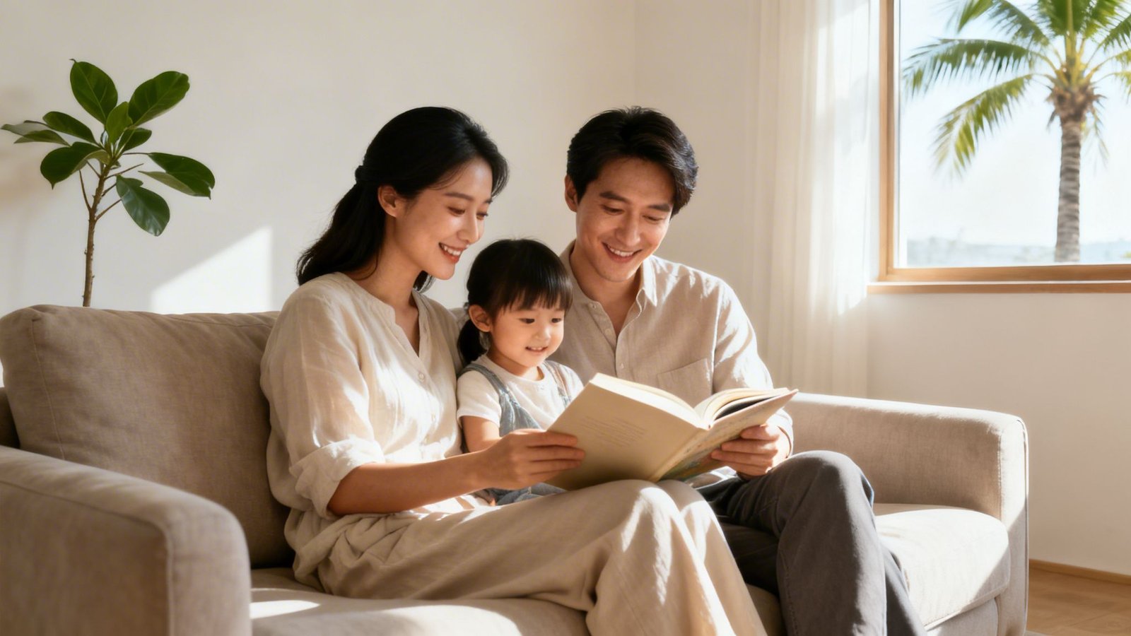 Parent Counseling Dubai for Family Success 2 Smiling parents and their child enjoying a book together on a cozy sofa.