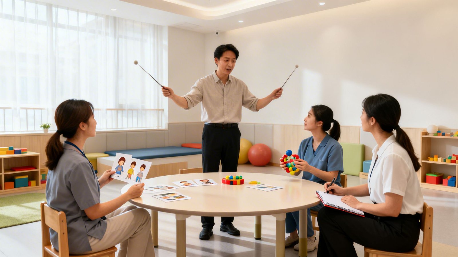 Parent Counseling Dubai for Family Success 3 Professionals in a counseling session using visual aids and toys in a bright room.