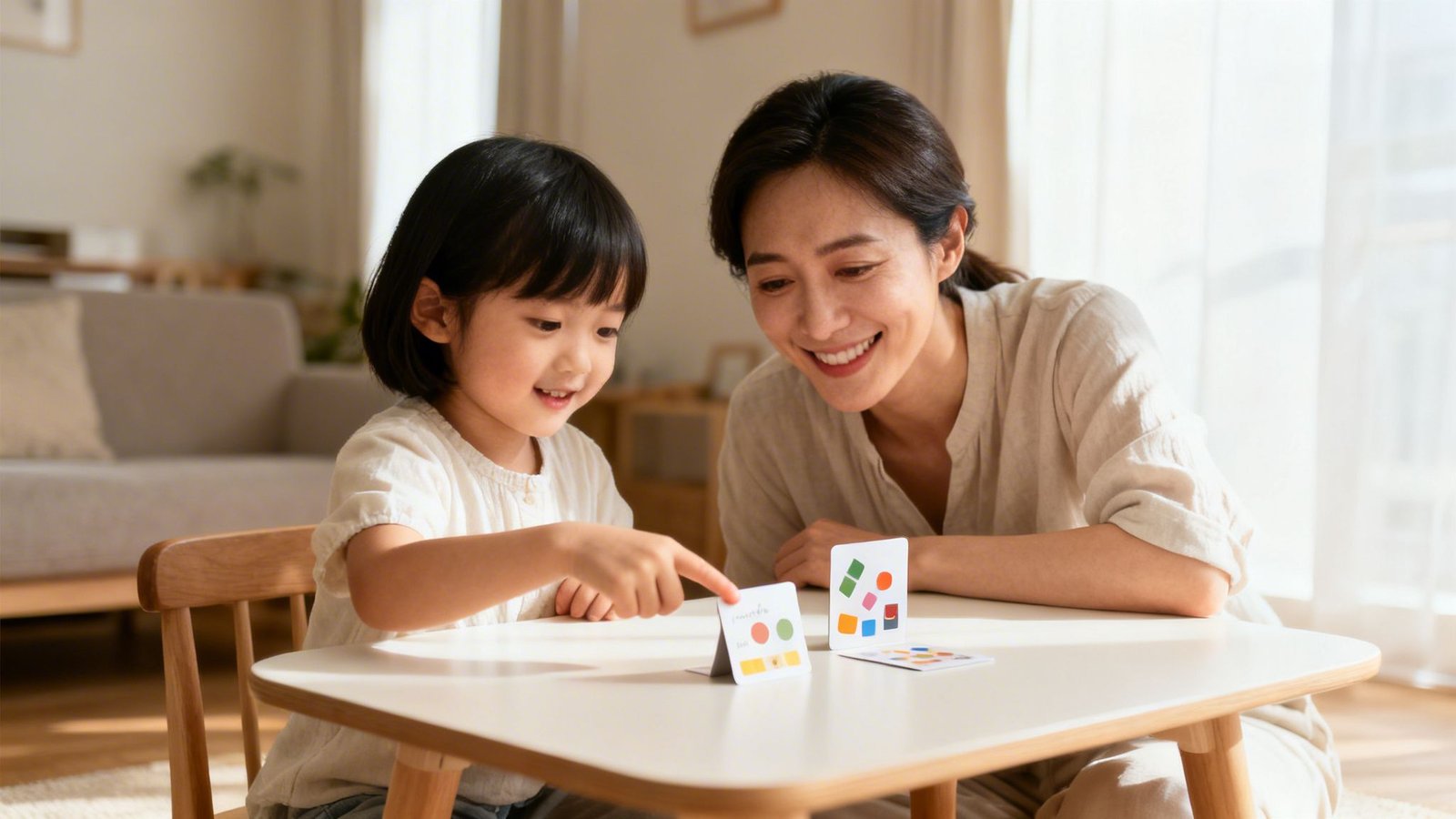 A Guide to the PDA Autistic Spectrum 3 A smiling mother and young child engage in an educational card game at a small table.