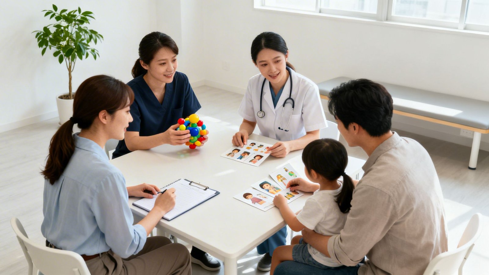 A Guide to the PDA Autistic Spectrum 4 Healthcare professionals assist parents and child in a developmental therapy session with cards and toys.