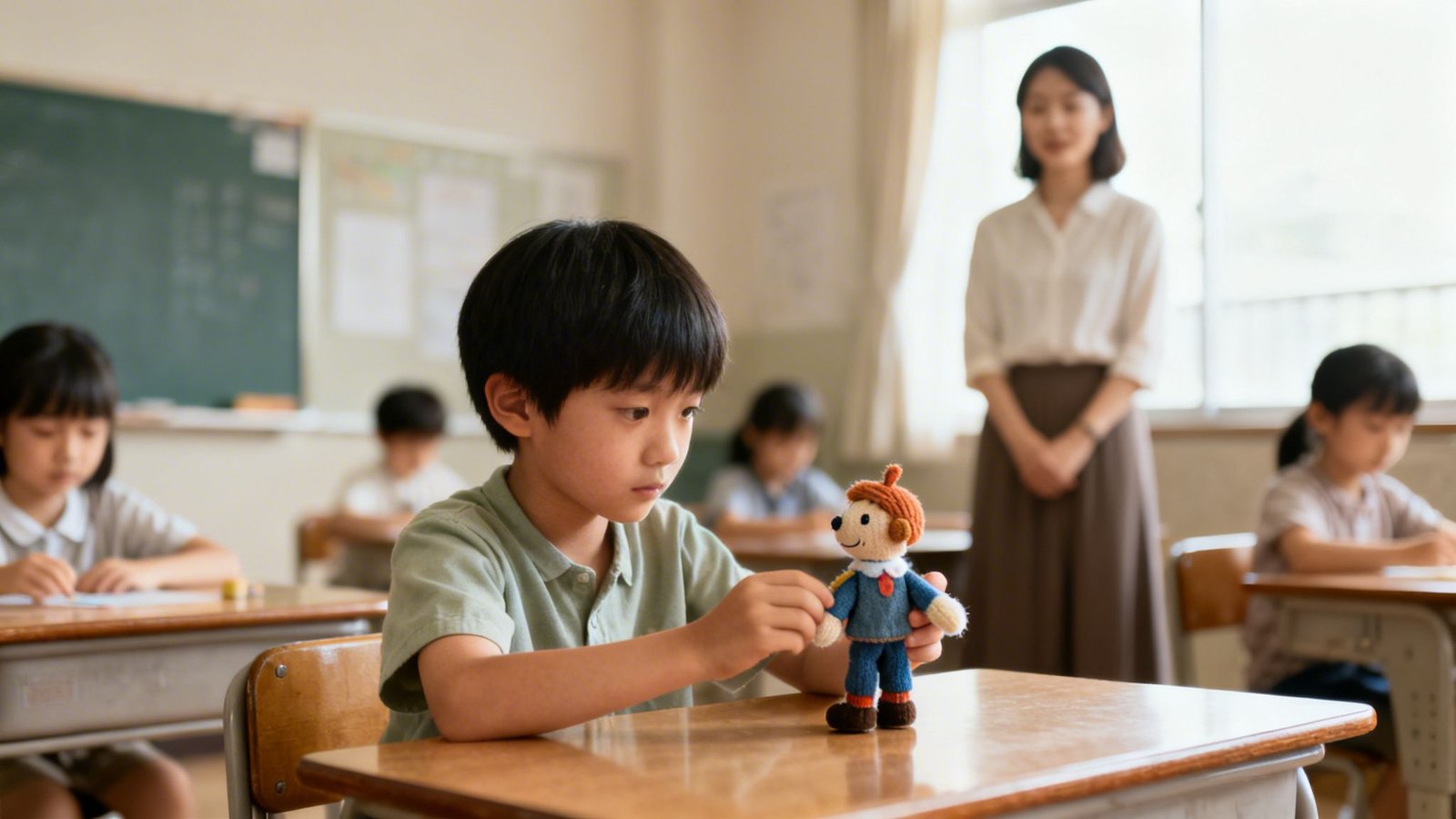 A Guide to the PDA Autistic Spectrum 2 A young Asian boy with a knitted doll at his school desk in a classroom, with a teacher observing.