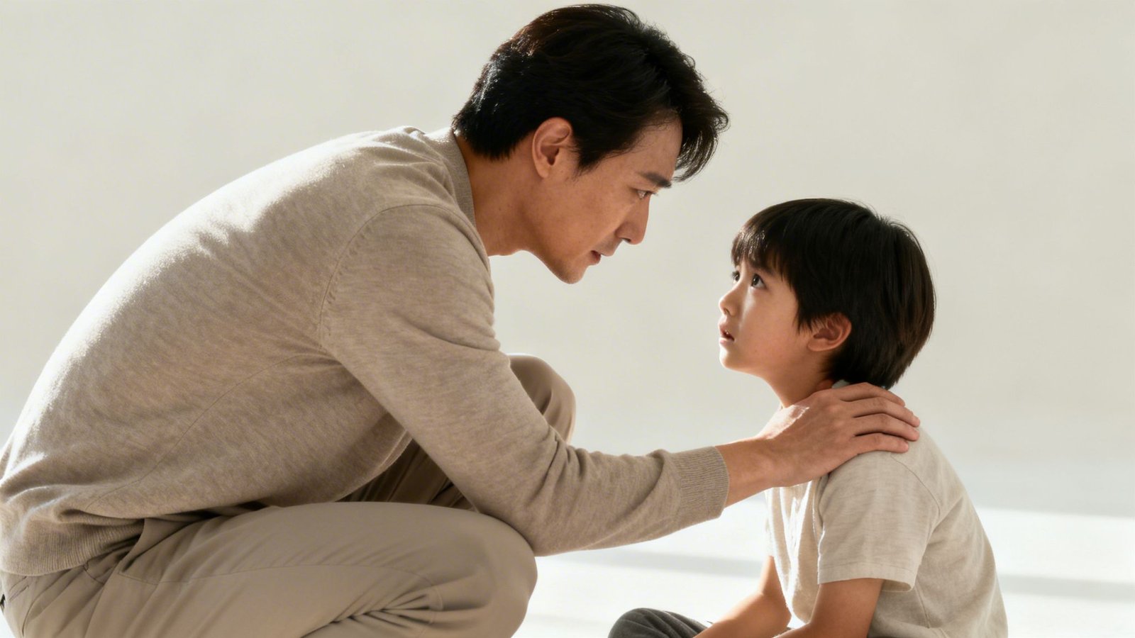 A Guide to the PDA Autistic Spectrum 1 A caring father in a beige sweater kneels, supporting his young son looking up.