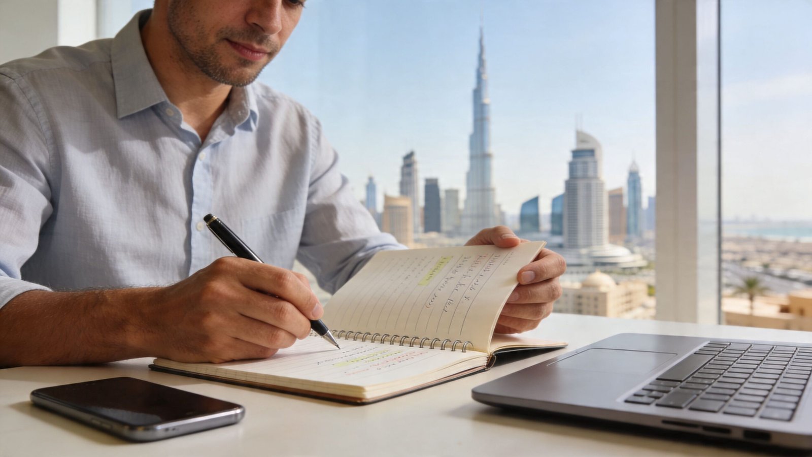 A professional man writing in a notebook in a modern office overlooking the Dubai city skyline.