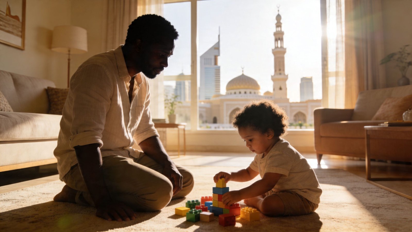 A father watching his young child play with colorful building blocks inside a sunny Dubai apartment.