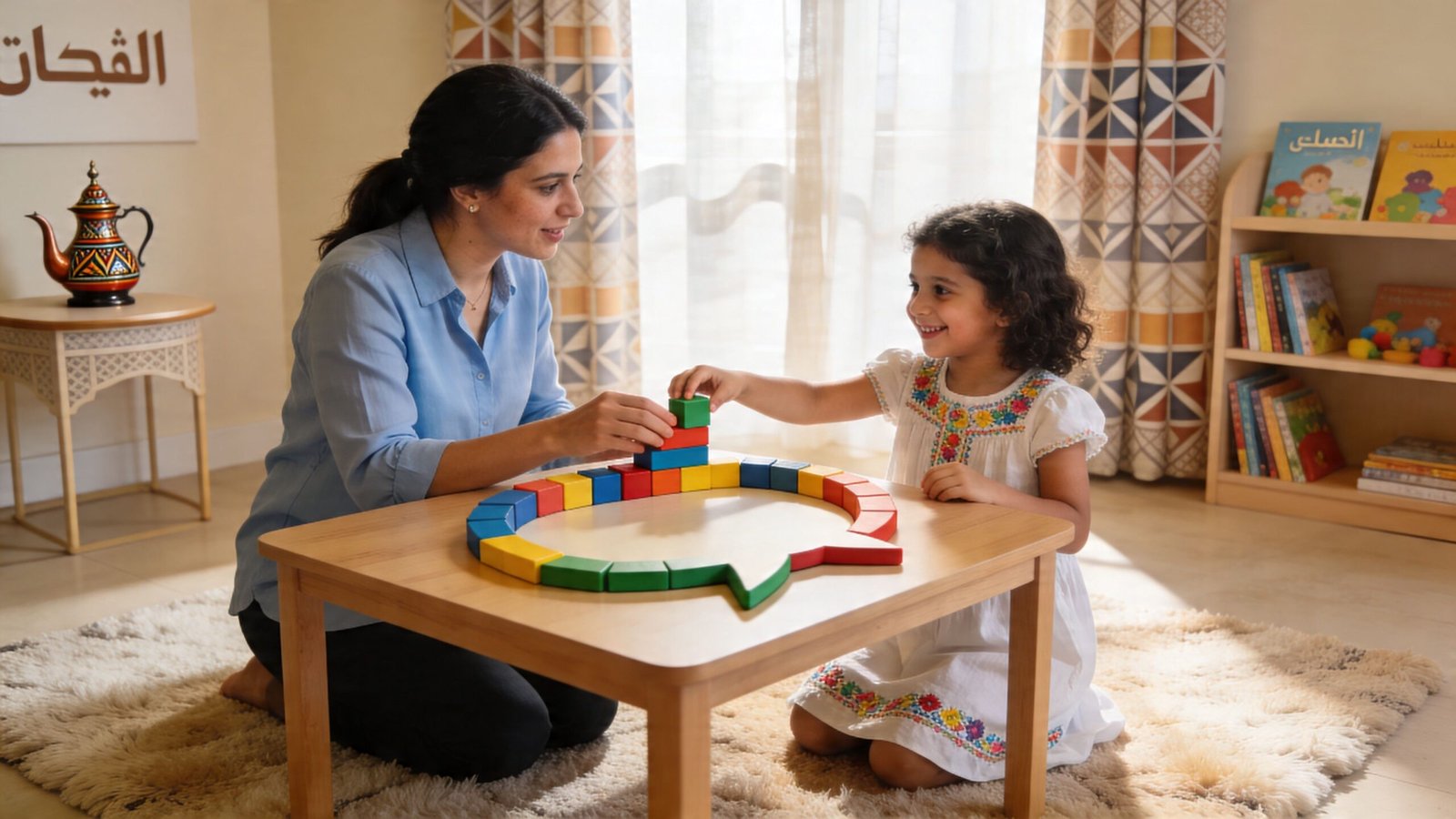 A female therapist and a young girl playing with colorful building blocks on a speech bubble table.