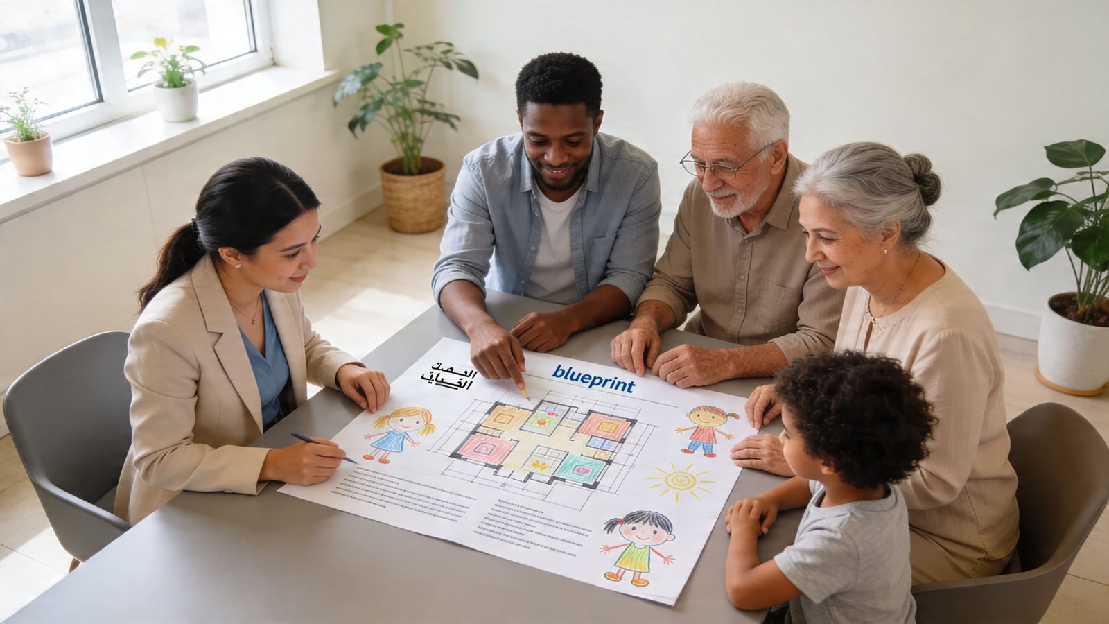 A professional woman discusses a colorful house blueprint with a multi-generational family in an office setting.