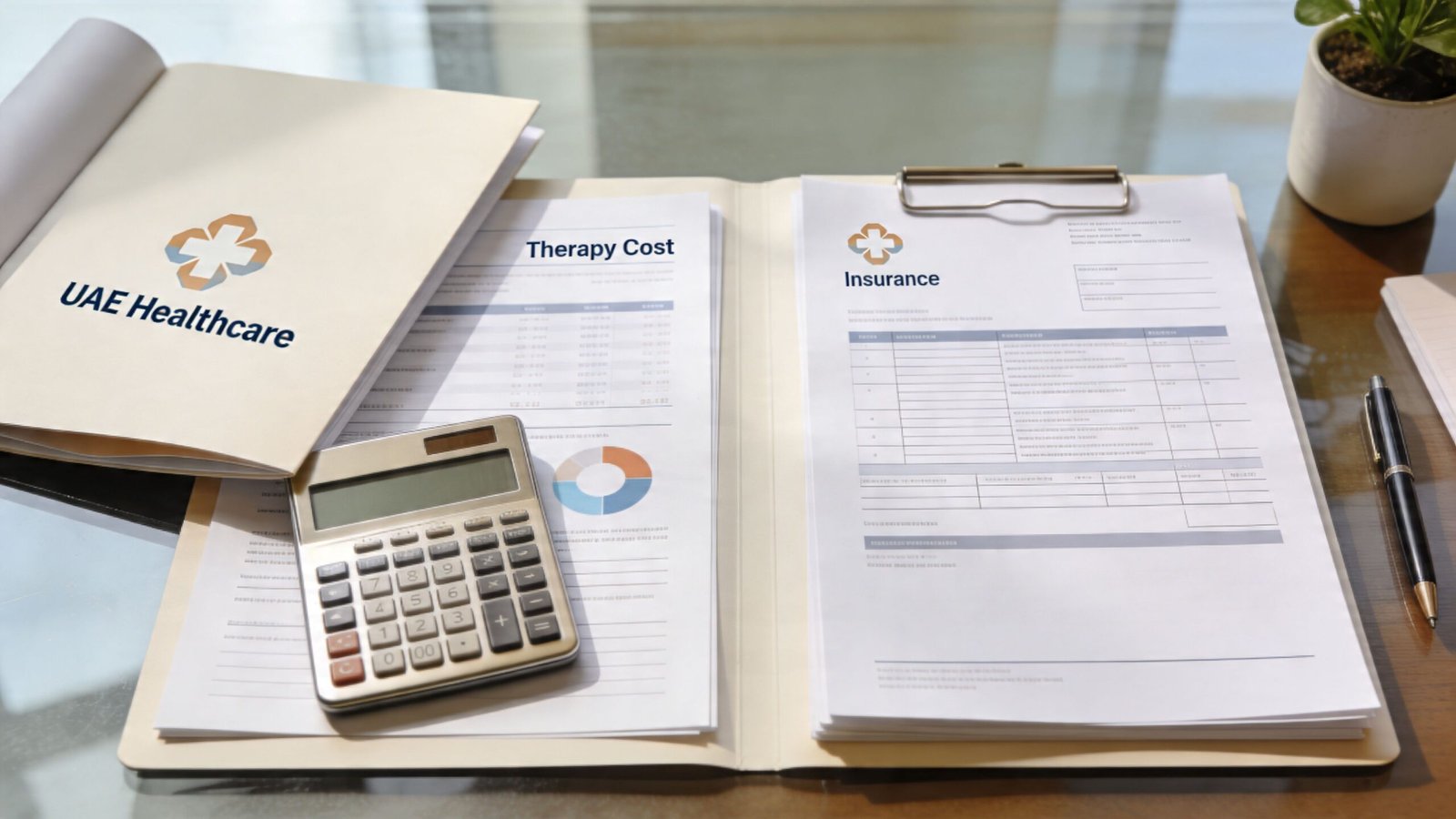 A folder labeled UAE Healthcare with therapy cost and insurance documents, a calculator, and a pen on a desk.