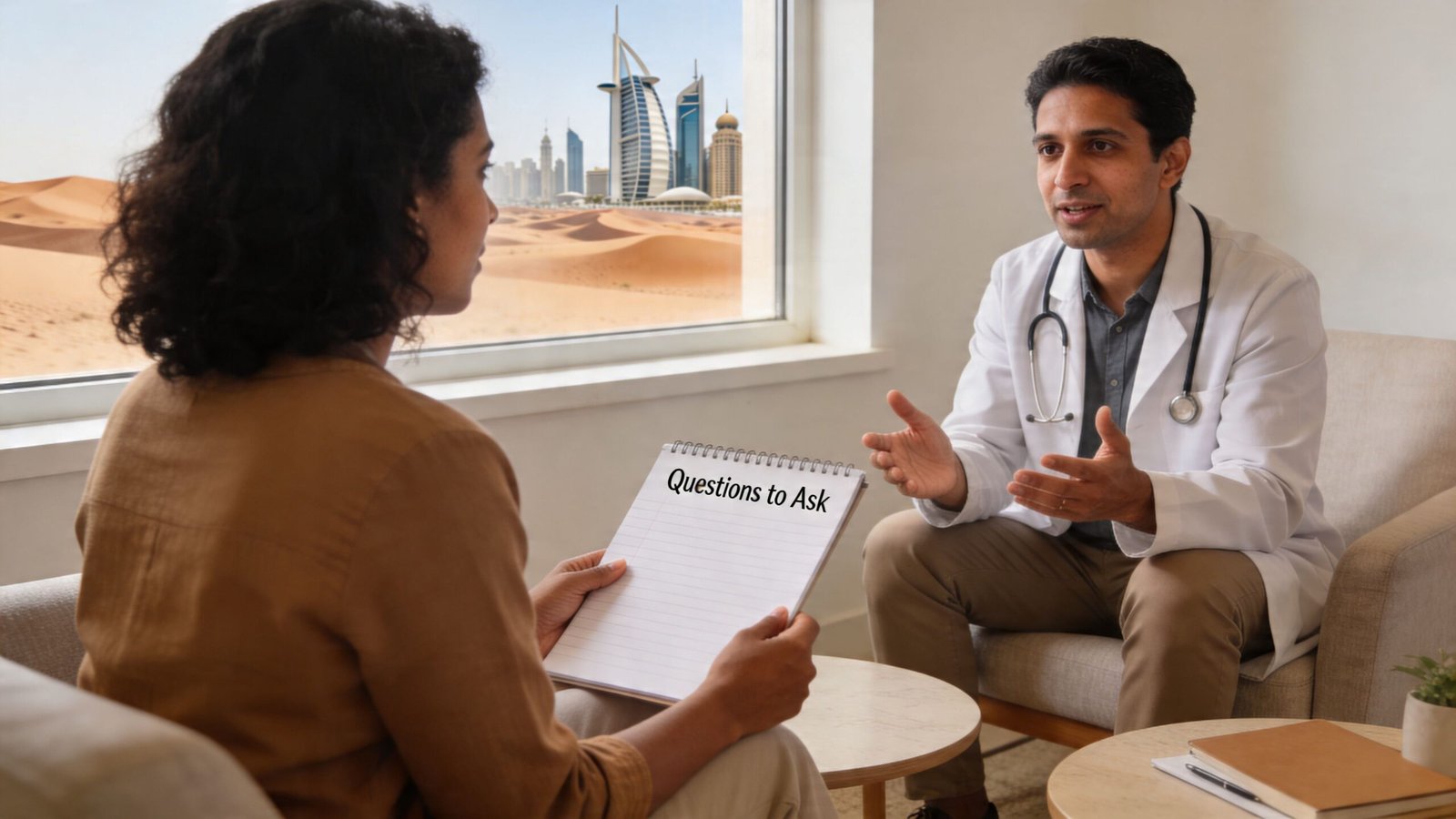 A patient holding a notepad asking questions during a medical consultation with a doctor in Dubai.