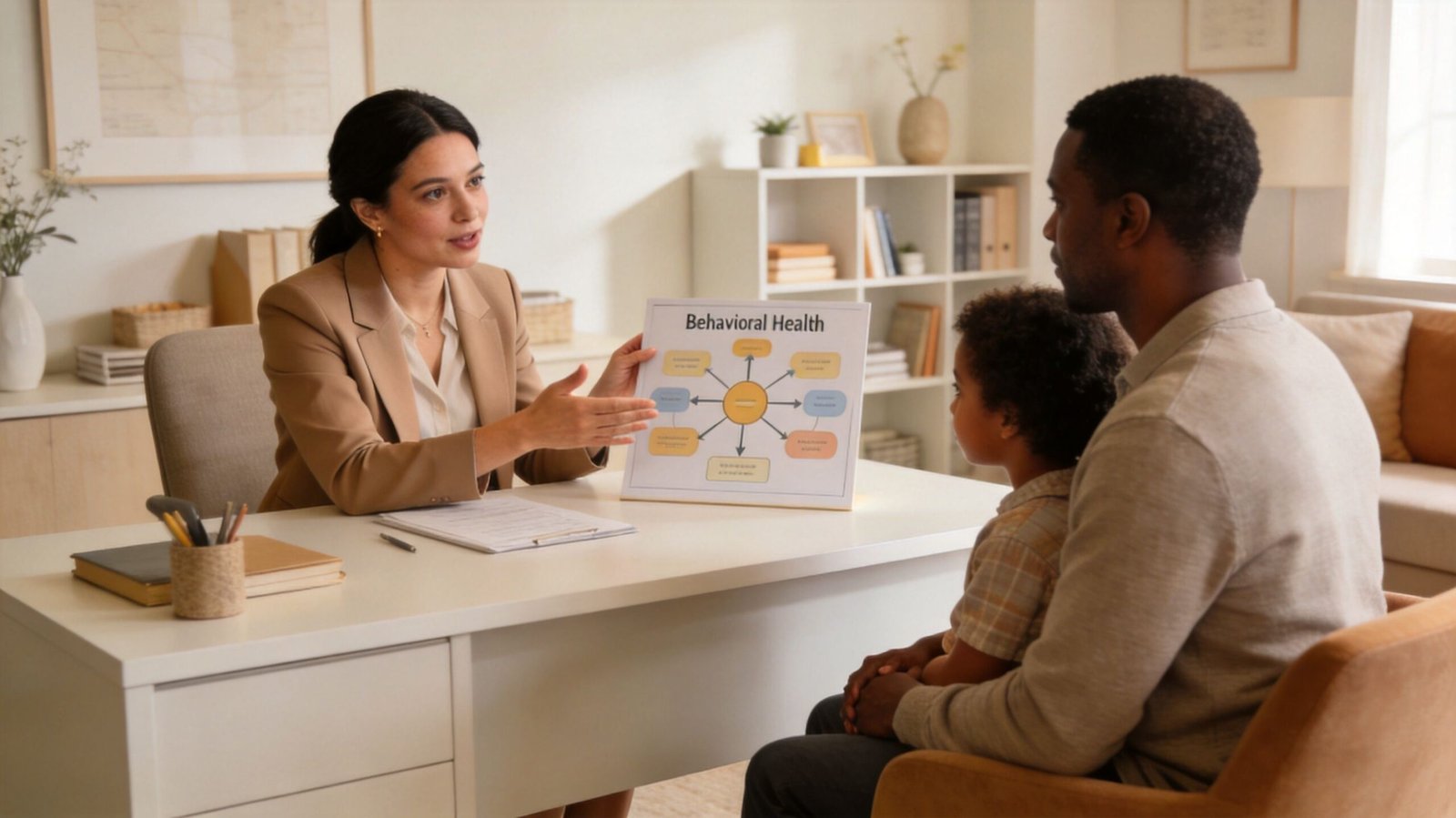 A professional counselor explains behavioral health concepts to a young boy and his father in an office.