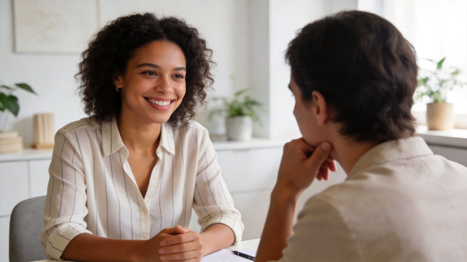 A smiling behavioral health counselor sits across from a patient during a professional counseling session.