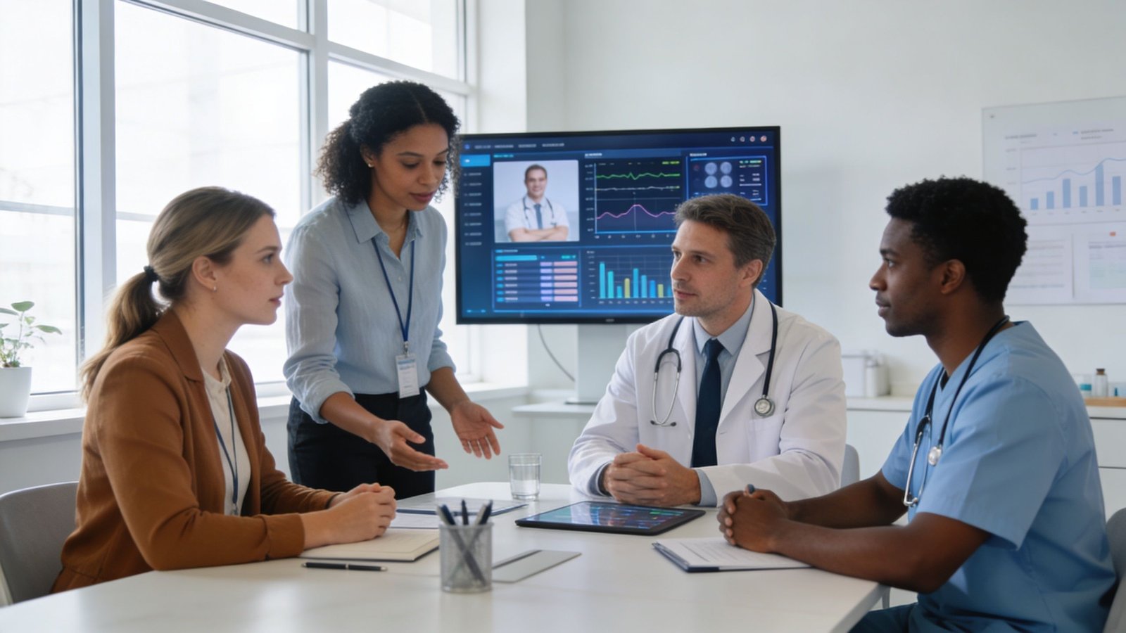 A professional team of healthcare workers discussing medical data on a screen in a modern office meeting room.