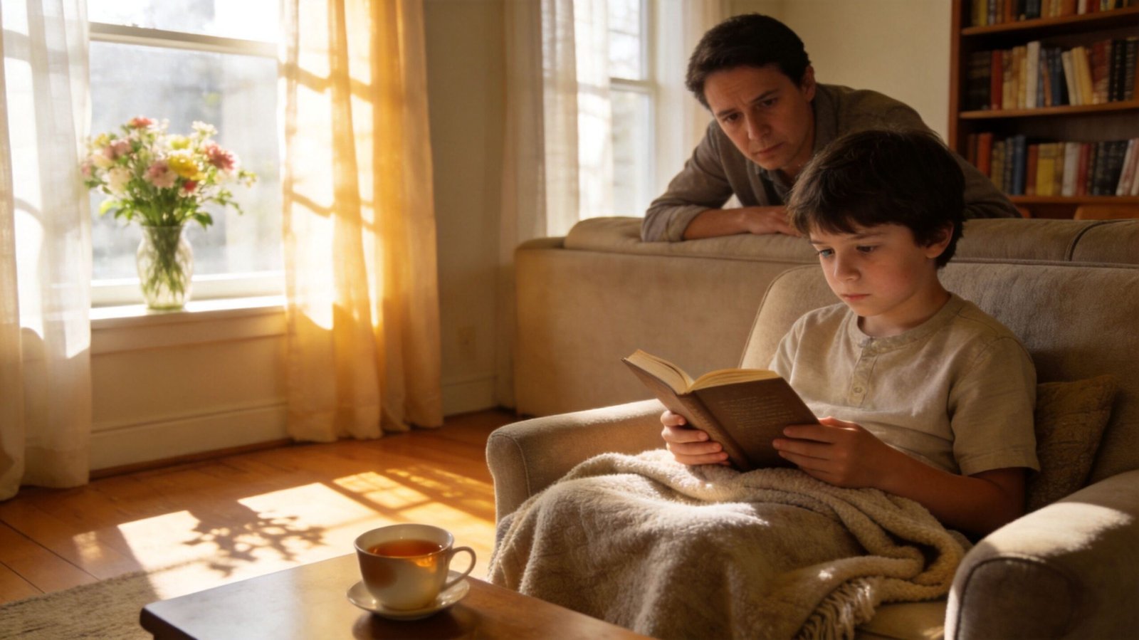 A concerned father watches his young son read a book while the child is wrapped in a blanket.