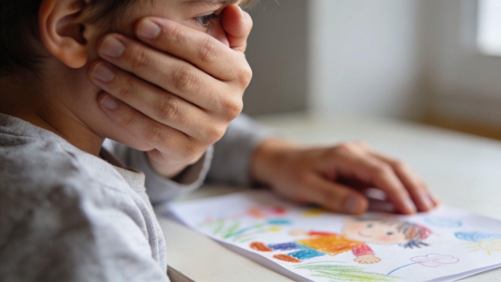 A young child covering their face with a hand while sitting next to a colorful drawing.