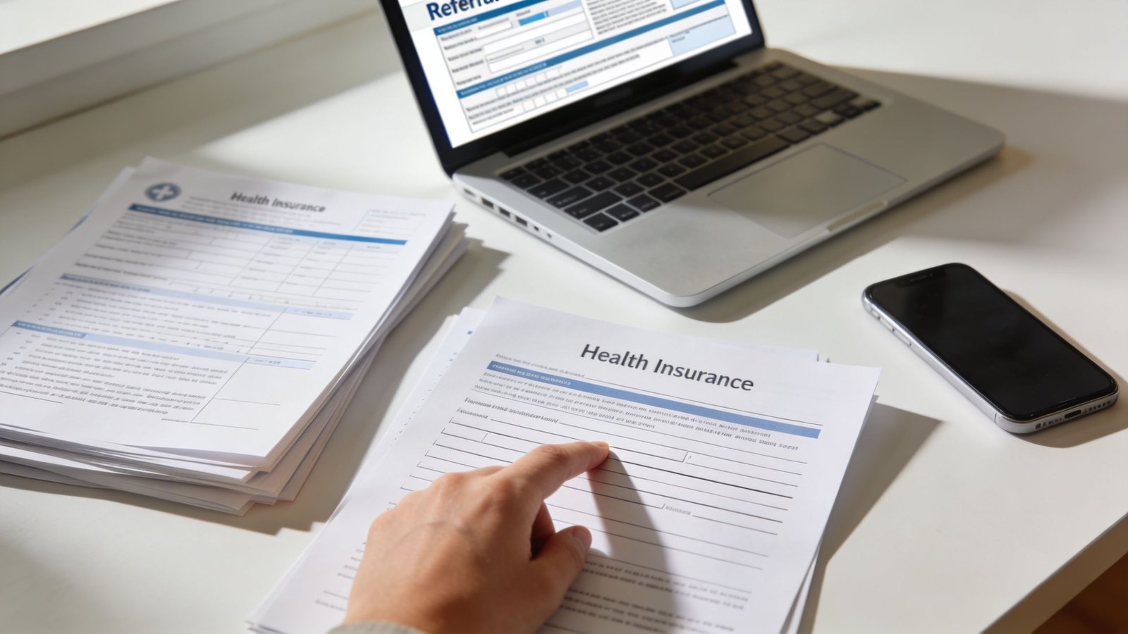 A person filling out health insurance forms on a white desk with a laptop and smartphone nearby.