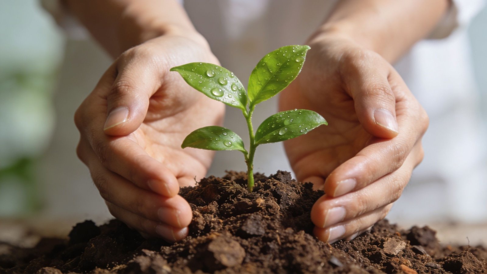 A person gently cupping their hands around a small green plant growing from rich brown soil.