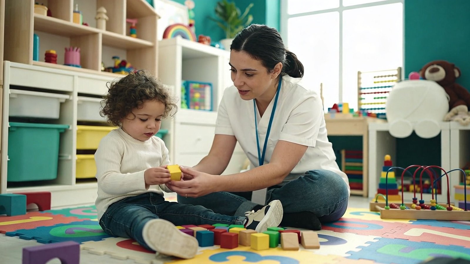 A caring therapist sits on the floor playing with a young child using colorful wooden building blocks.