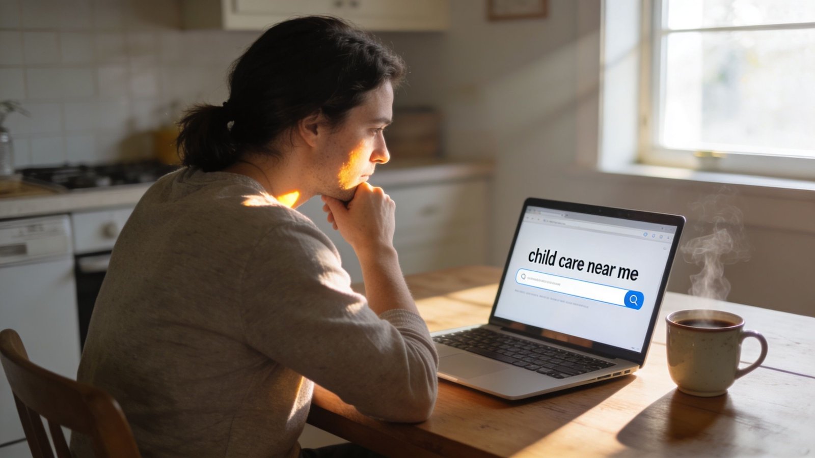 A person sitting at a wooden table using a laptop to search for local child care services.