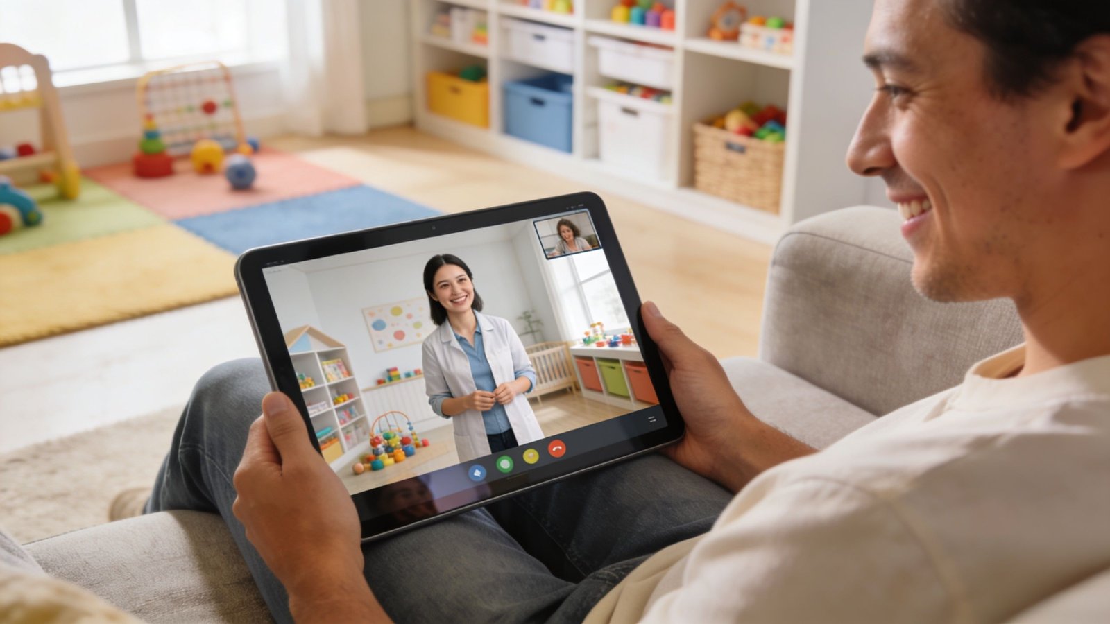 A man smiling while participating in a virtual consultation with a pediatrician on his tablet.