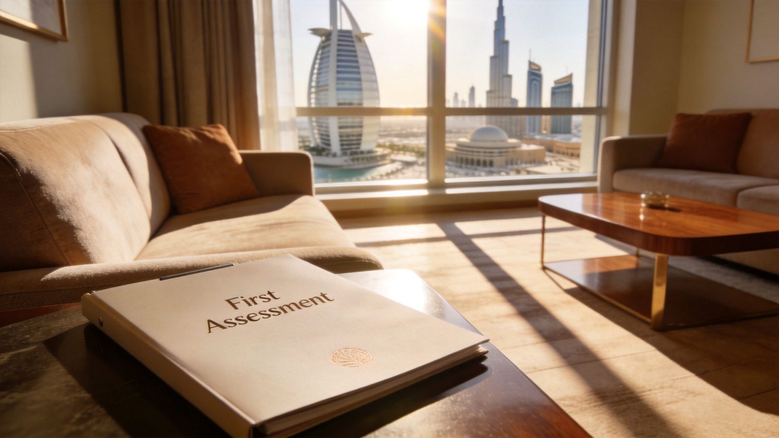 A professional document labeled First Assessment on a table in a luxurious Dubai apartment with city skyline views.