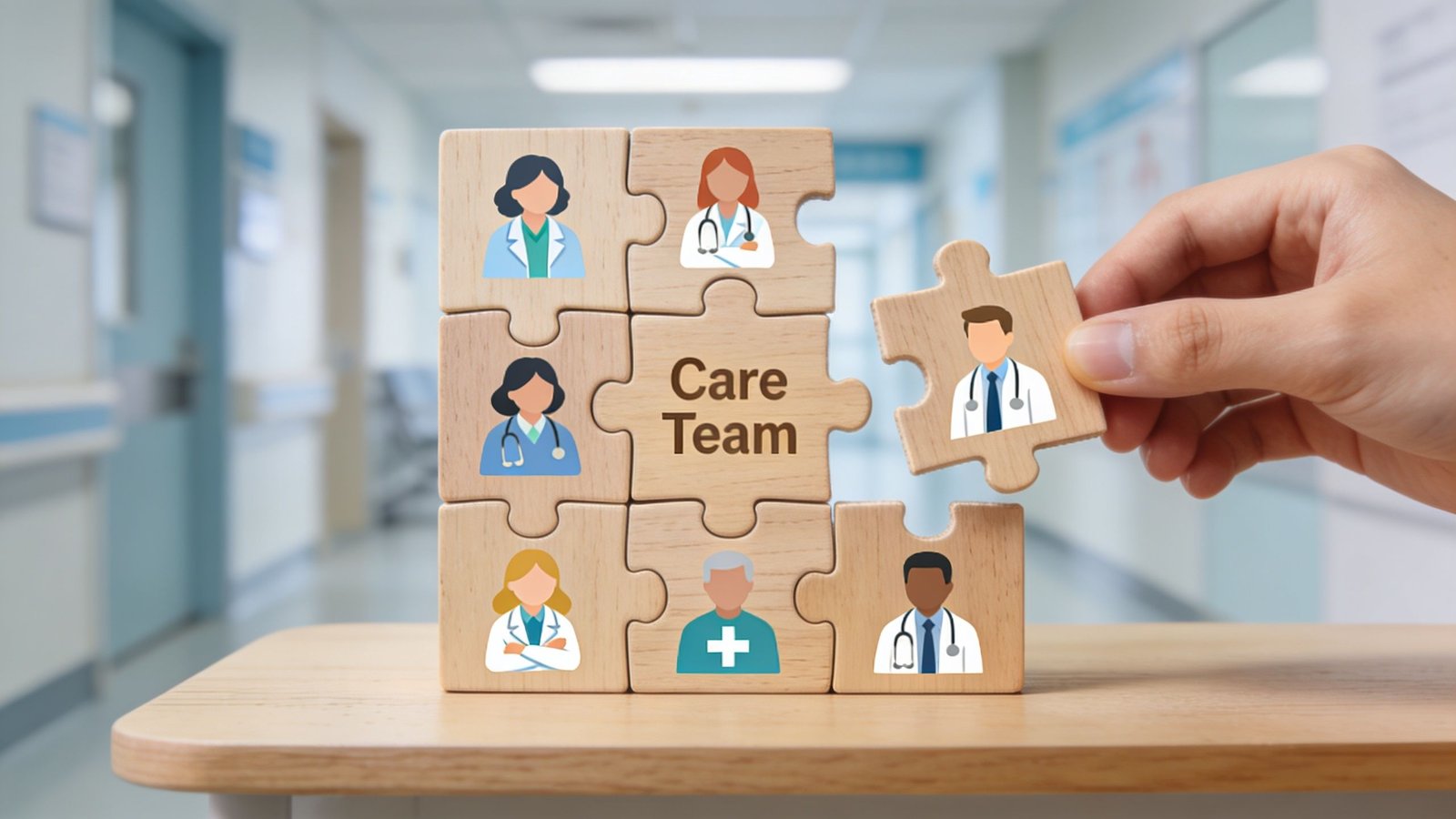 A hand placing a wooden puzzle piece depicting a doctor into a Care Team conceptual structure.