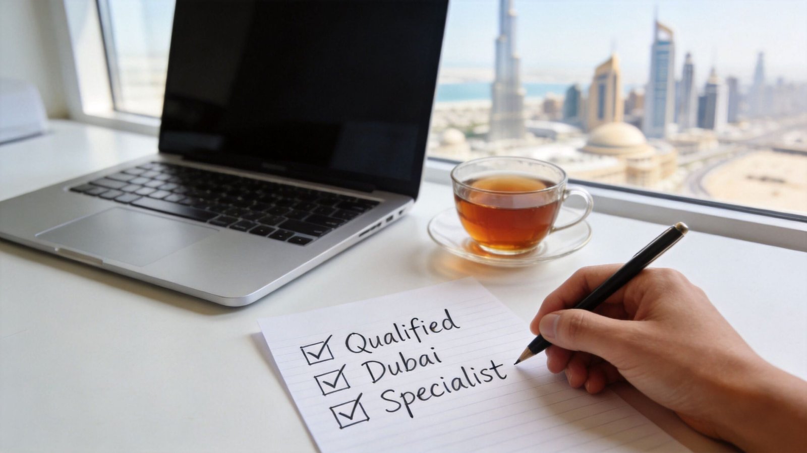 Hand writing a checklist with words Qualified, Dubai, and Specialist on a paper by a desk.