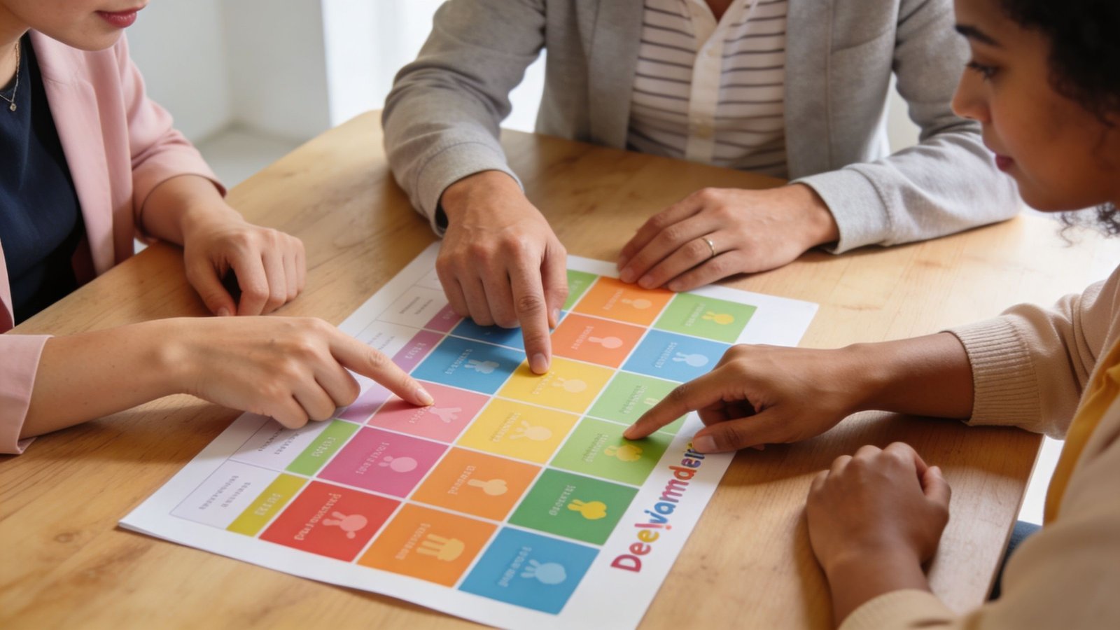 Three people pointing at a colorful grid on a piece of paper during a collaborative meeting.