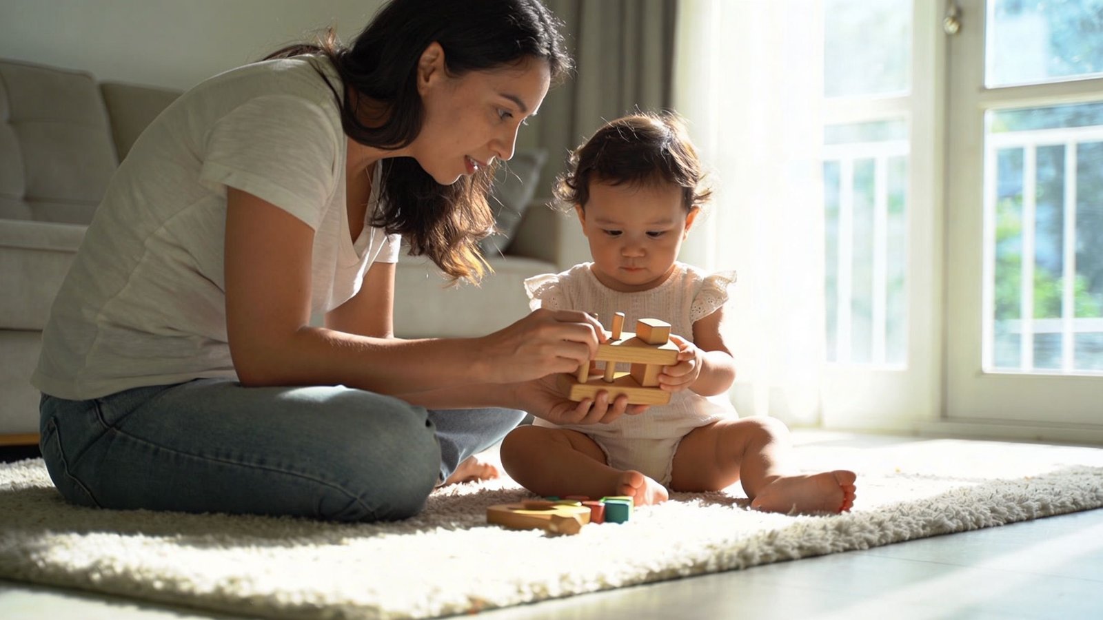A mother sitting on a rug playing with wooden developmental toys with her young toddler daughter