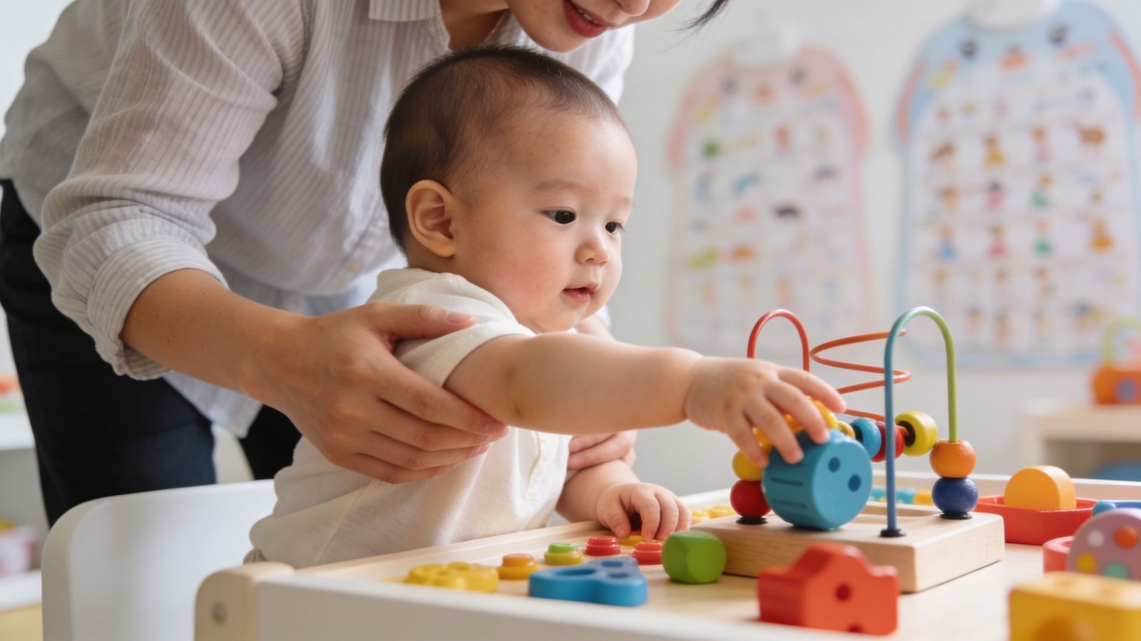 Infant Daycare Near Me: A Parent's Guide to Choosing 3 A caring teacher helps a young baby play with colorful wooden developmental beads on a table.