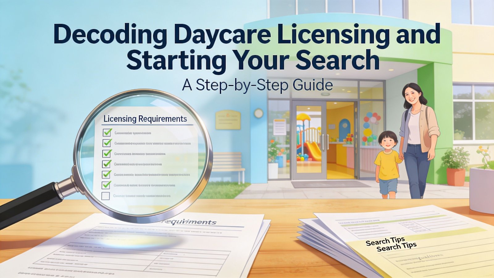 Infant Daycare Near Me: A Parent's Guide to Choosing 1 A magnifying glass inspecting a childcare licensing checklist, with a woman and child walking towards a daycare facility.
