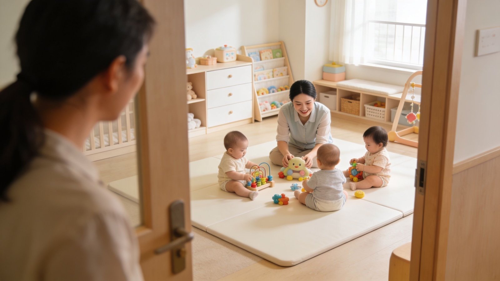 Infant Daycare Near Me: A Parent's Guide to Choosing 2 A caregiver plays with three infants on a large floor mat in a bright, organized daycare room.
