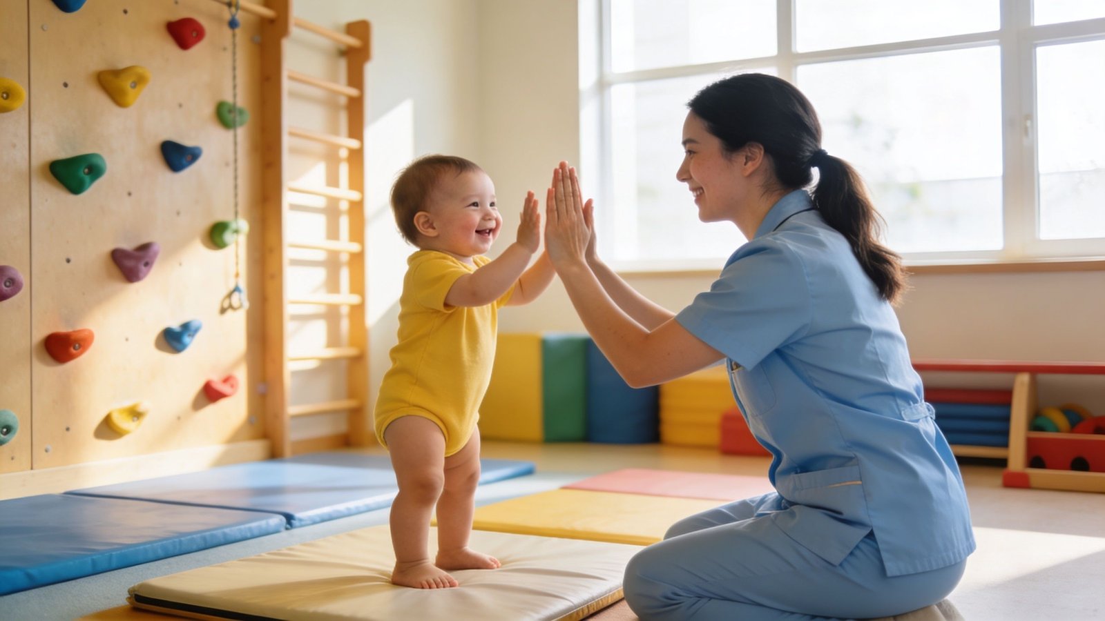 A pediatric therapist in blue scrubs gives a high-five to a happy toddler standing on a mat.