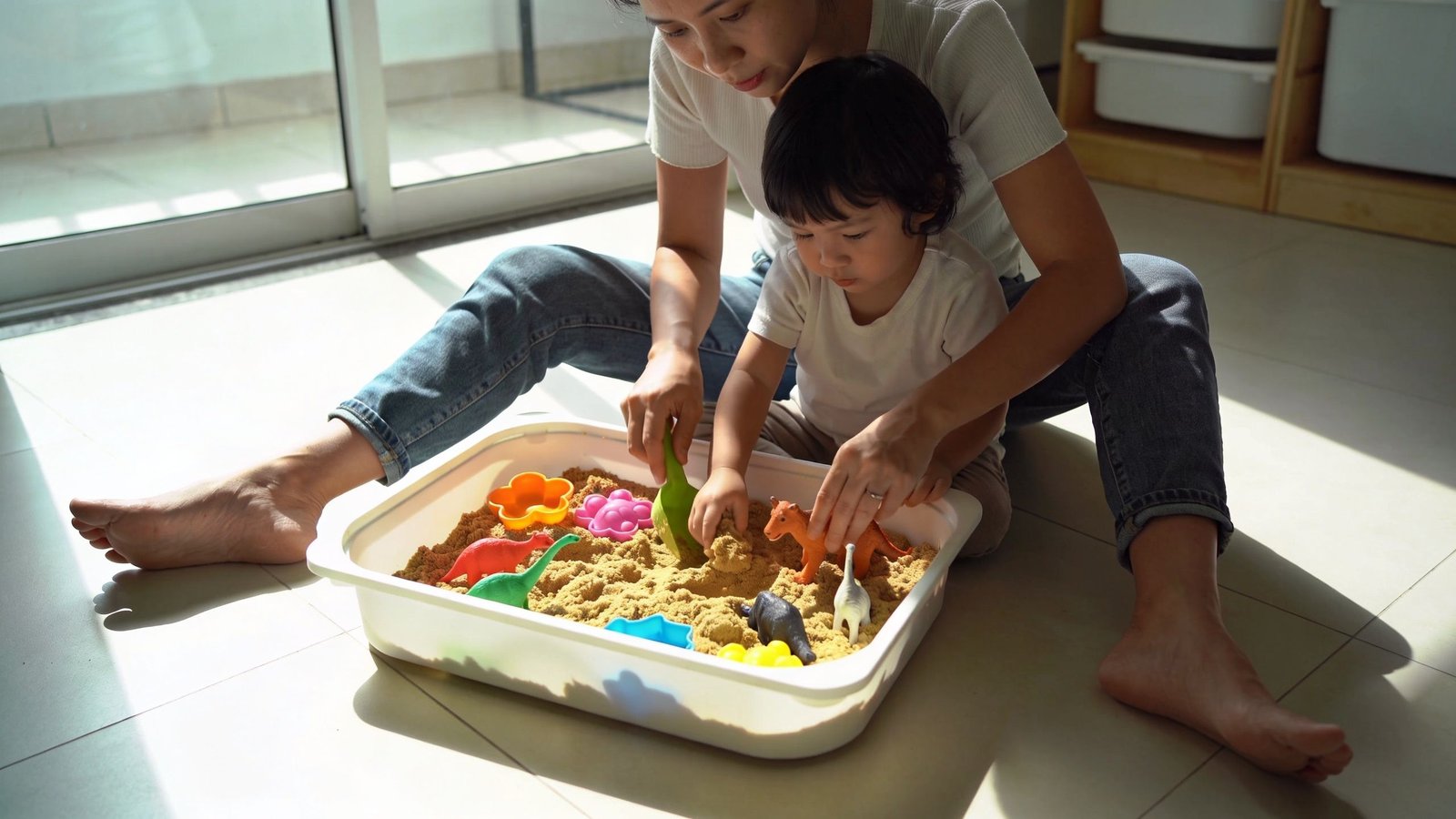 A mother and her young child playing with kinetic sand and dinosaur figures on the floor indoors.