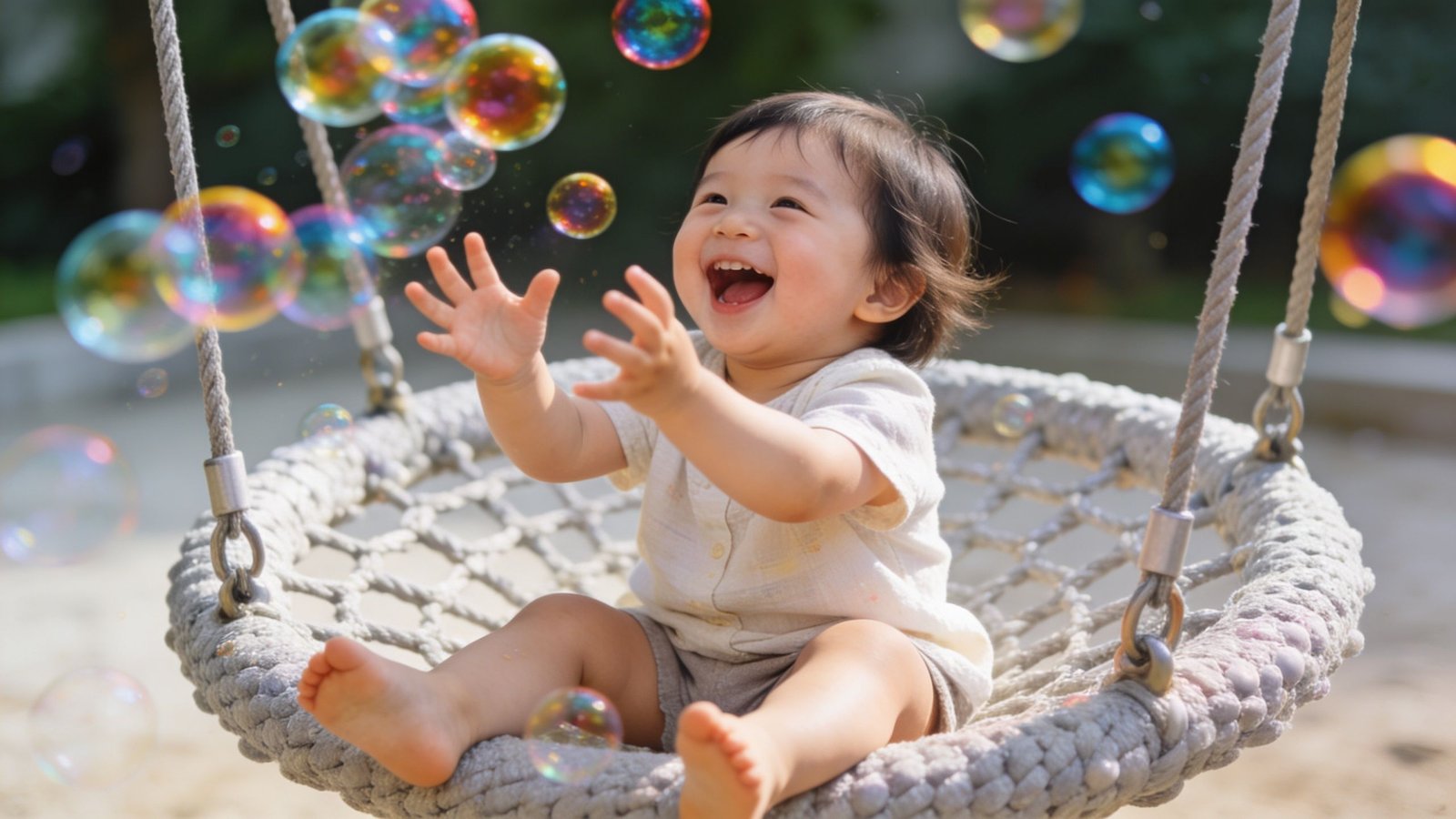 A joyful toddler laughing and reaching for colorful bubbles while sitting on a round rope swing.